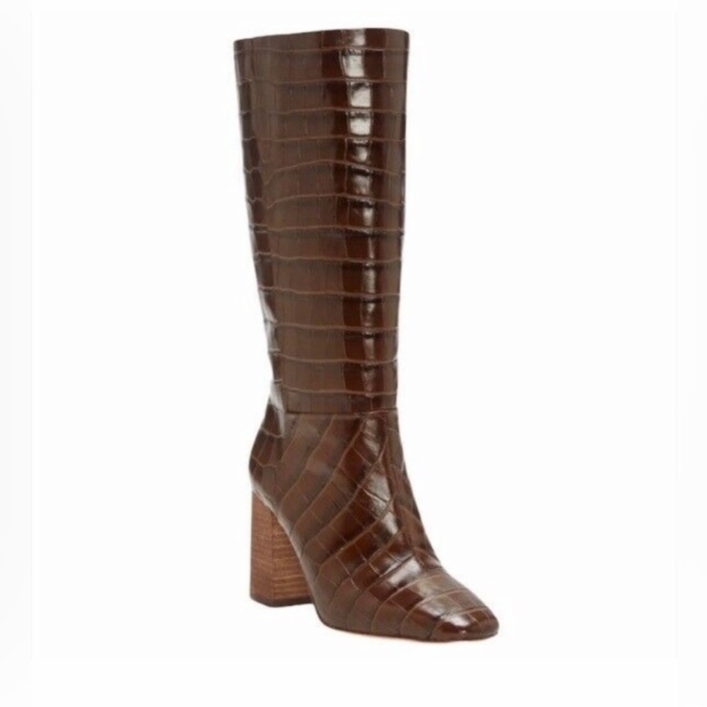 Vince Camuto Womens Brisy Brown Leather Croc Embossed Mid Calf Heel Boots Sz 8.5